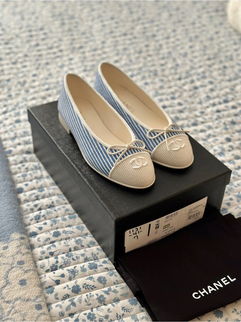 CHANEL Blue Striped and Cream Cap-Toe Ballet Flats